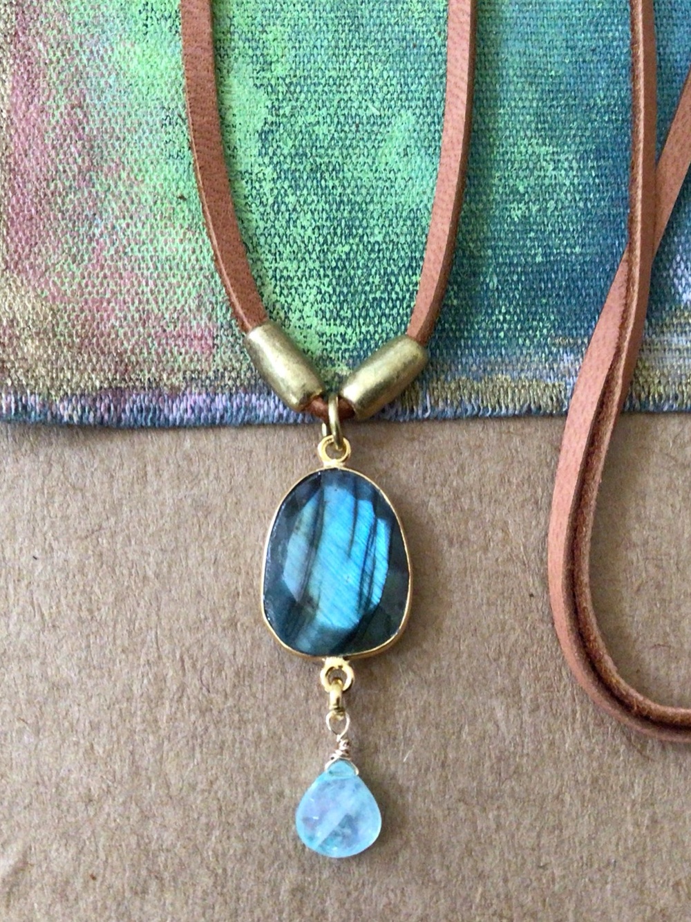 Natural Labradorite Aquamarine leather suede cord Sundance Charm Necklace SALE